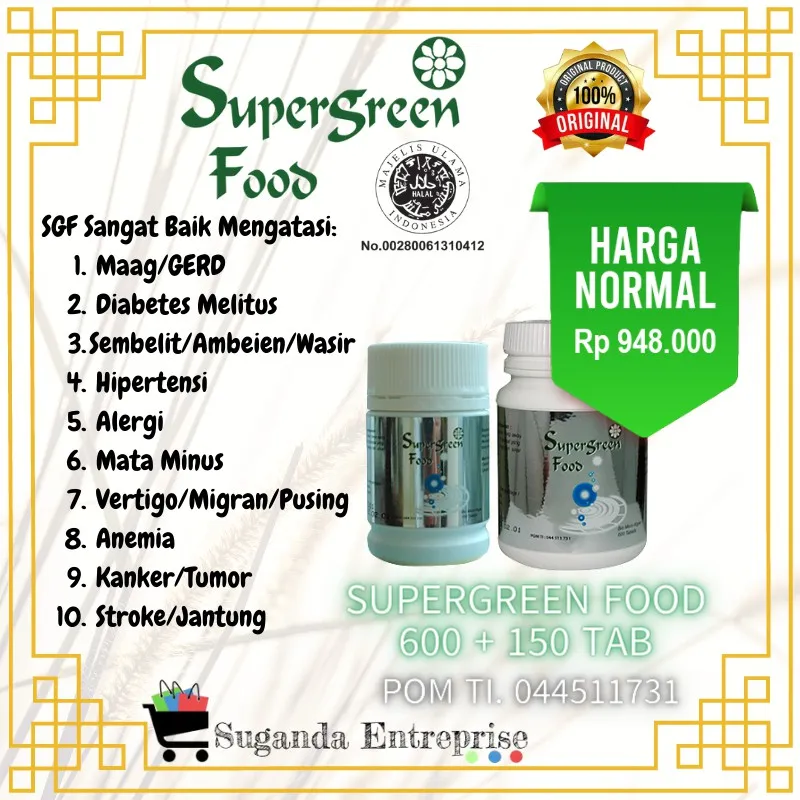 Supergreen Food SGF 600+150 Tab Suplemen Chlorella Spirulina Obat Asam Lambung Maag Gerd Kronis Akut