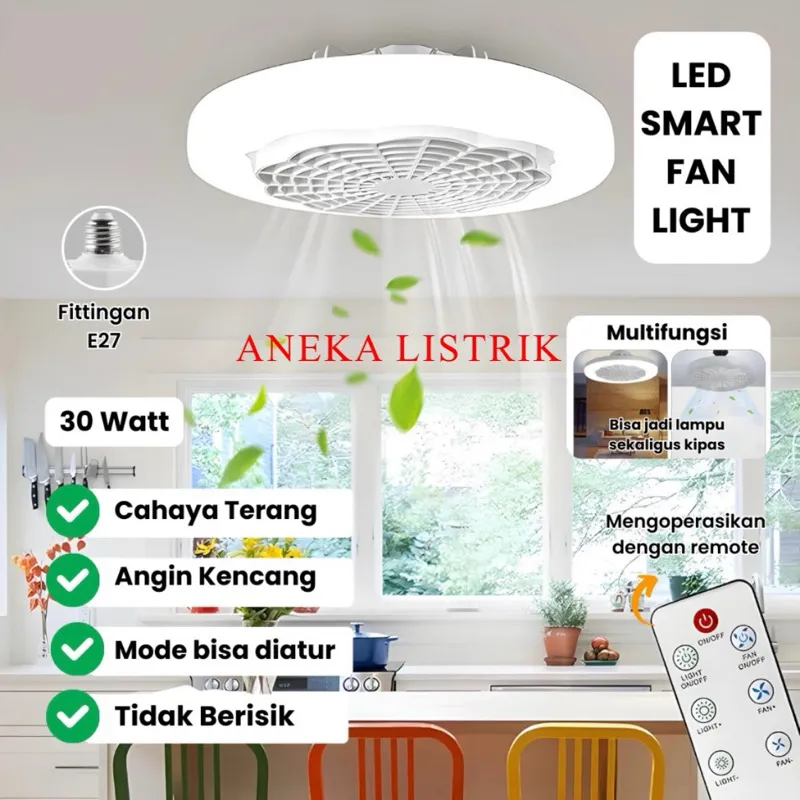 LAMPU LED KIPAS ANGIN AC E27 30 WATT LAMPU LED PLAFON + KIPAS ANGIN DINDING REMOTE 2 IN 1 LED SMART FAN LIGHT