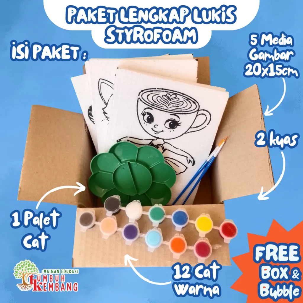 Paket Lukis Styrofoam 20x15 (5 Lembar)  + Cat 12 Warna & Kuas – Lengkap & Praktis | Free Packing Dus + Bubble Wrap + Fragile