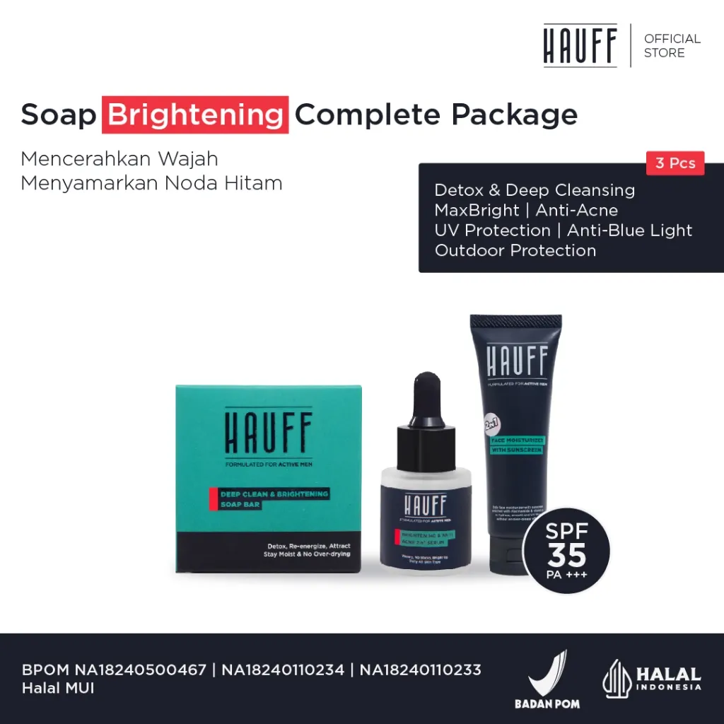 HAUFF Soap Brightening Complete Package | Paket Lengkap Skincare Pria | Mencerahkan Wajah | Menyamarkan Noda Hitam | SPF 35 PA +++
