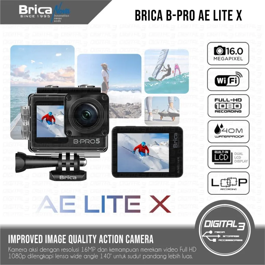 Brica B-Pro 5 Alpha Edition Lite X Bpro5 AE LiteX Action Camera 16MP Full HD 1080P Built-in WiFi Kamera Aksi 40M Waterproof