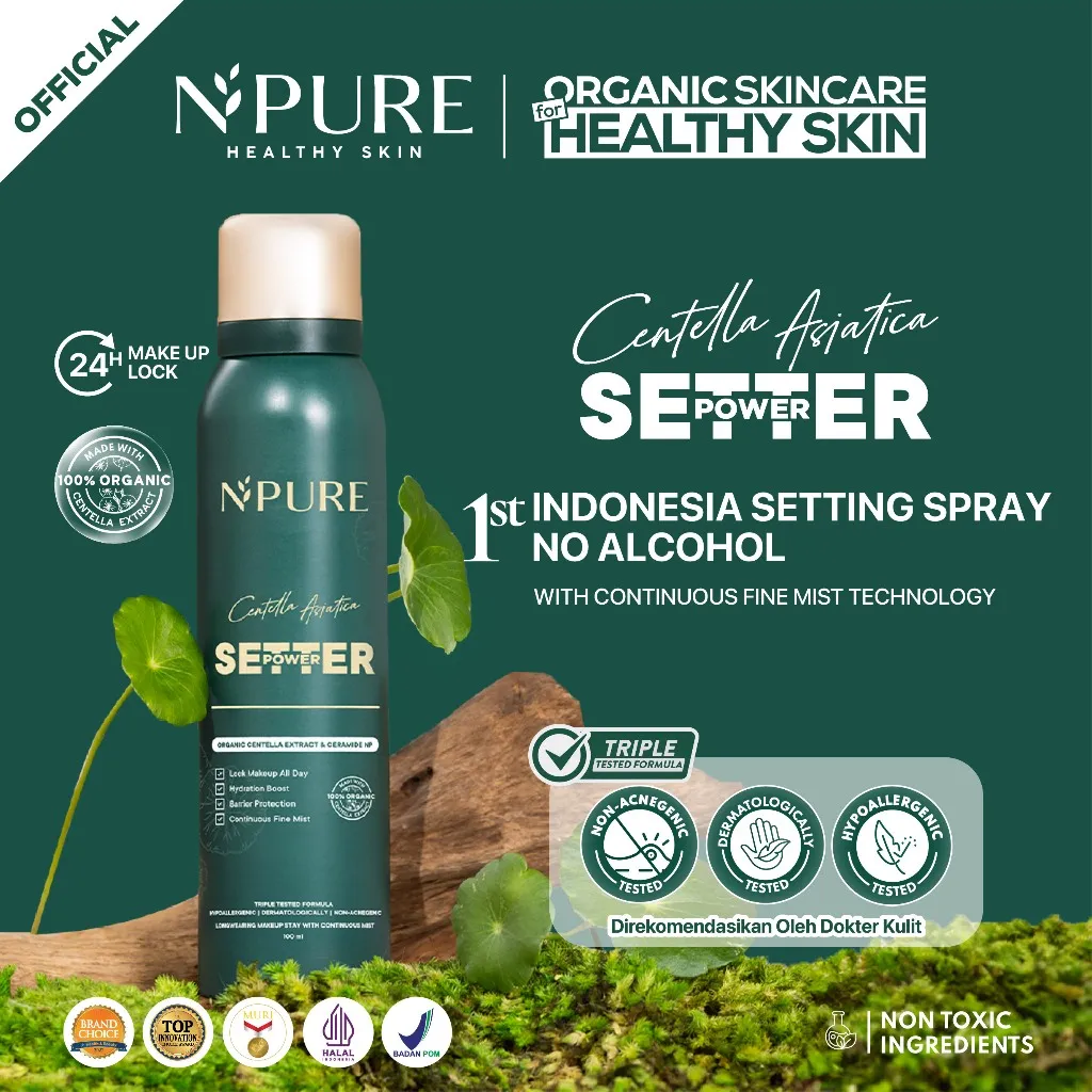 NPURE Cica (Centella) Power Setter Setting Spray 100 ml / Long-Lasting Makeup / Matte Finish/  Fine Mist Spray / Transfer-Proof / Makeup Tahan Lama / Makeup Anti Geser / Oil Control/ Hypoallergenic/ Dermatologically/ Non Acnegenic/ Aman Bumil Busui/ HALAL