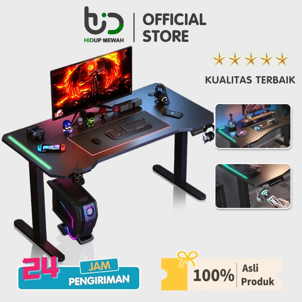 Hidup Mewah 120-140CM  Meja Electric Adjustable Work Gaming Desk Meja Komputer Serat Karbon / Penyesuaian Tinggi Otomatis / dengan lampu RGB