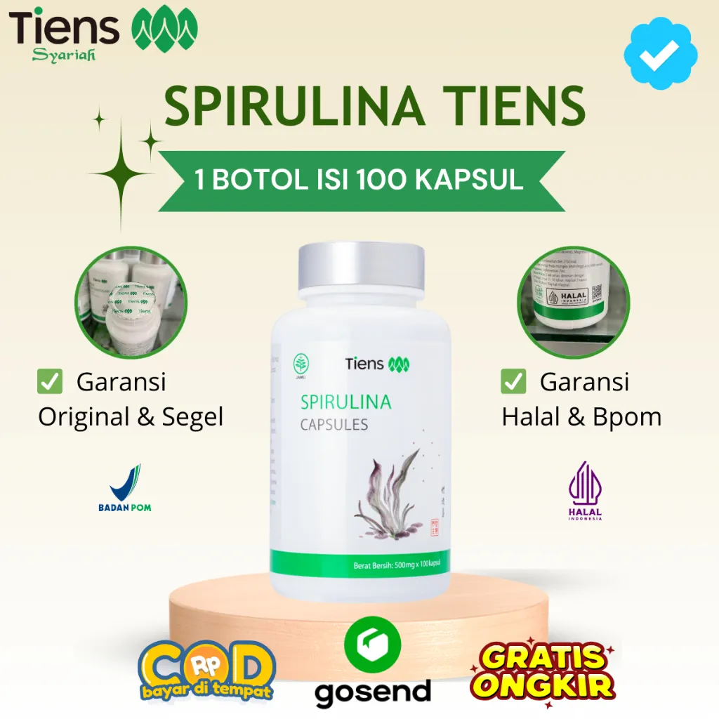 Spirulina Tiens Original 100 Kapsul 1 Botol Segel Bpom Halal