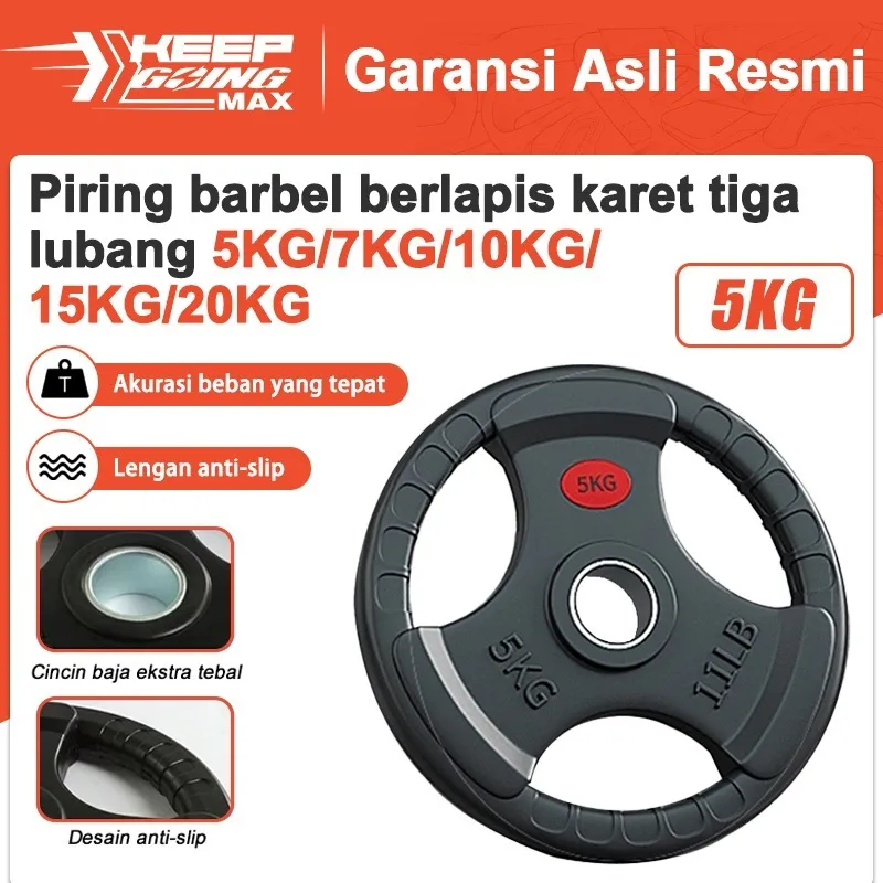 Pelat barbel 5/10kg 20 kg tiga lubang, pegangan tangan besar, pelat dumbbell besi, pelat karet, batang angkat beban, untuk melakukan fitness di rumah