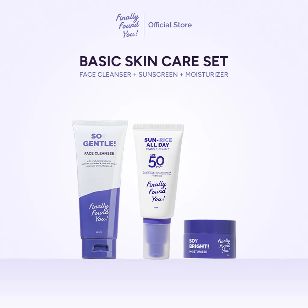 Finally Found You! BUNDLE BASIC SKINCARE: Soy Gentle Face Cleanser + HYDRICEING & BRIGHTENING Essence Booster + Soy Bright Moisturizer & SUN-RICE ALL DAY Invisible UV Shield