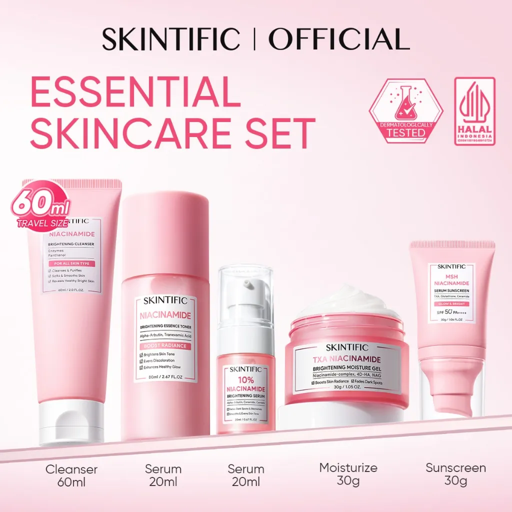 [5pc]SKINTIFIC Essential Skincare Set – Paket Perawatan Wajah – Semua Jenis Kulit – Cleansing/Melembabkan/Barrier Repair/Brightening – Cleanser + Toner + Serum + Moisturizer + Sunscreen – Daily Skincare Routine Day & Night BPOM Official Store