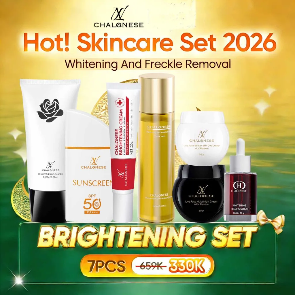 (NEW 1+1+1) CHALONESE Paket-Skincare Set ( Brightening Cream + Sunscreen + Facial Cleaner + Toner + Moisturizer Krimi Siang&Malam ) NIACINAMIDE & GLUTA WHITENING