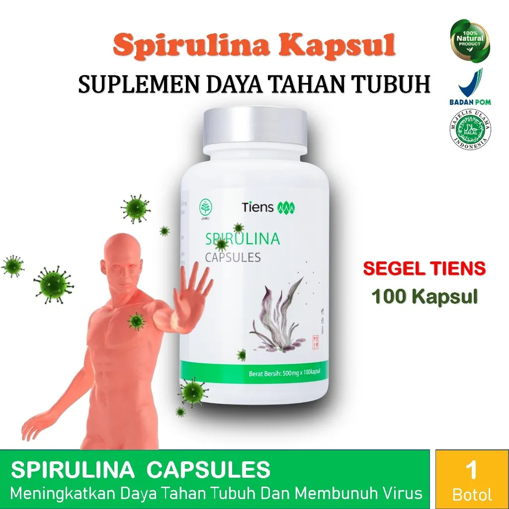 Spirulina Tiens Original 100 Kapsul 1 Botol Segel Bpom Halal