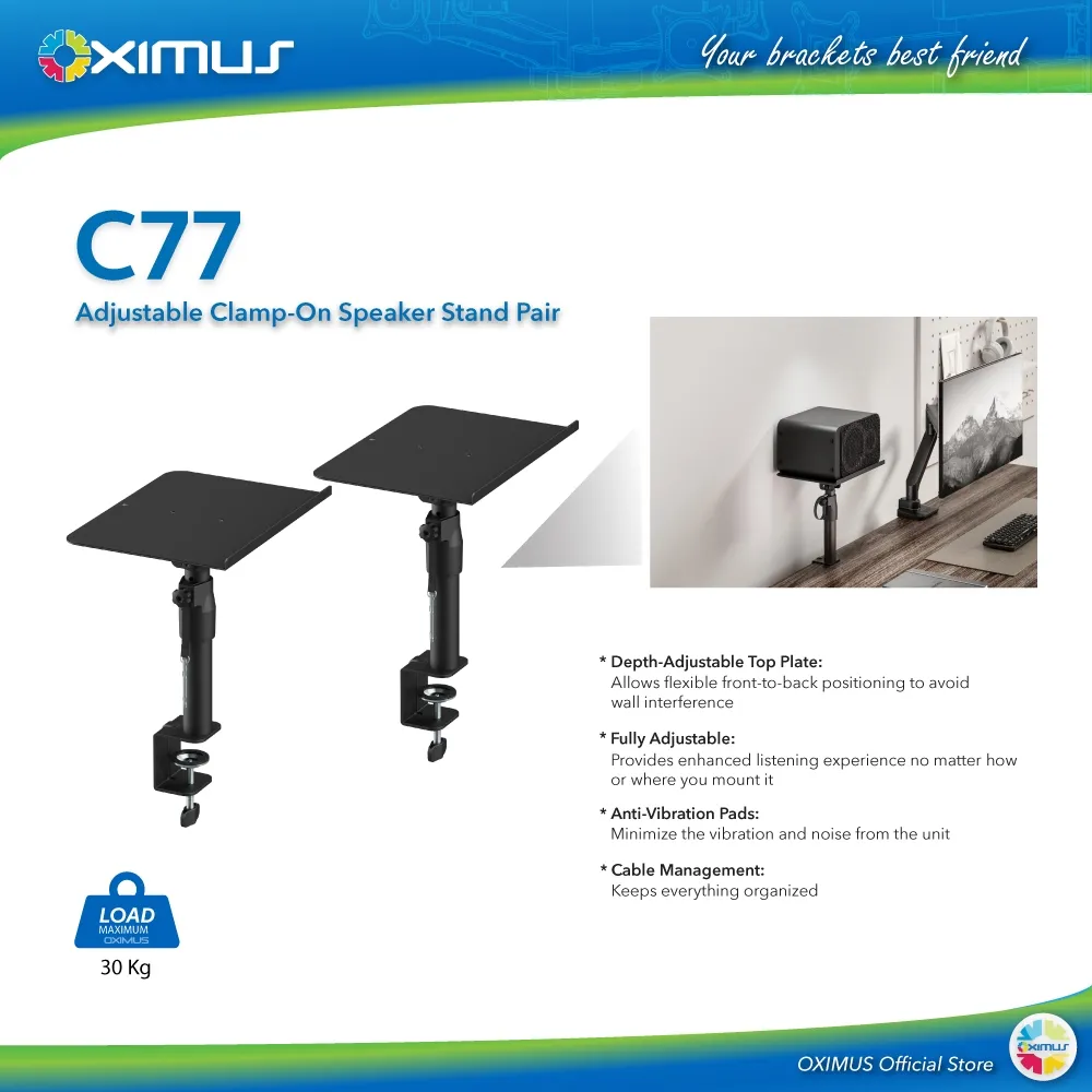 Oximus C77 Adjustable Clamp-On Speaker Stand Pair Stand Speaker Meja Clamp Height & Angle Adjustable Anti-Vibration Pad Cable Management Space-Saving Desk Audio Stand for Studio, Gaming & Home Office