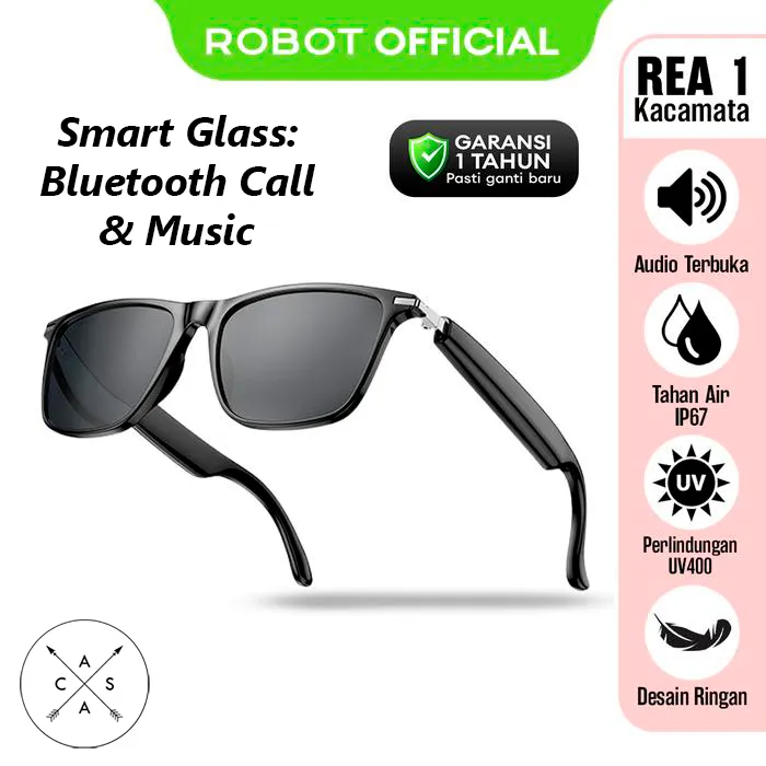 ROBOT REA1 Kacamata Pintar Smart Glass Audio Music Terbuka Bluetooth Call Perlindungan Sinar UV400 Tahan Air IPX67 Ringan 30gr Original - Garansi Resmi 1 Tahun