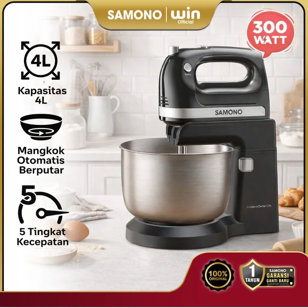 SAMONO Stand Mixer Kue dan Roti 4L Low Watt Hand Mikser Pengaduk Adonan Donat Mixser Baking 300W 5 Kecepatan Motor Kuat Serbaguna Kapasitas Besar Praktis SW-HMB300