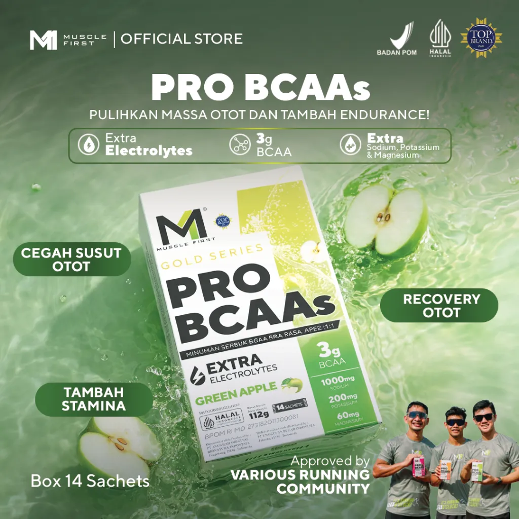 MUSCLE FIRST Pro BCAA 14 Sachets - Minuman Electrolytes Perbaikan Otot dan Hidrasi Untuk Lari Sepeda Aerobic Endurance