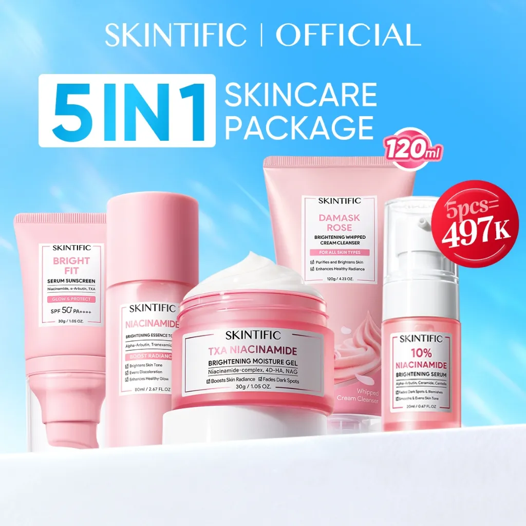 [5PCS] SKINTIFIC Full Series Skincare Set - Facial Wash + Toner + Serum + Moisturizer + Sunscreen – Daily Skincare – Paket Perawatan Wajah Semua Jenis Kulit – Brightening, Dark Spot, Calming Acne, Skin Barrier, Glass Skin