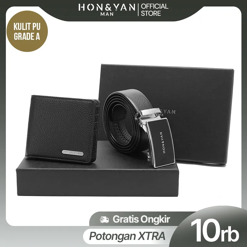 HONYAN MAN GOLD Set Kombinasi Dompet PU Dan Sabuk Kulit Sapi Pria Dapat Dilepas dan Dipotong Pendek - 1 Set Wallet Dan Belt Pria
