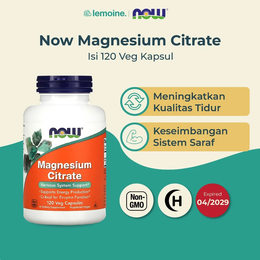 Now Foods Magnesium Citrate 400 mg Suplemen untuk Kesehatan Otot, Saraf & Tidur Nyenyak 120 veg kapsul