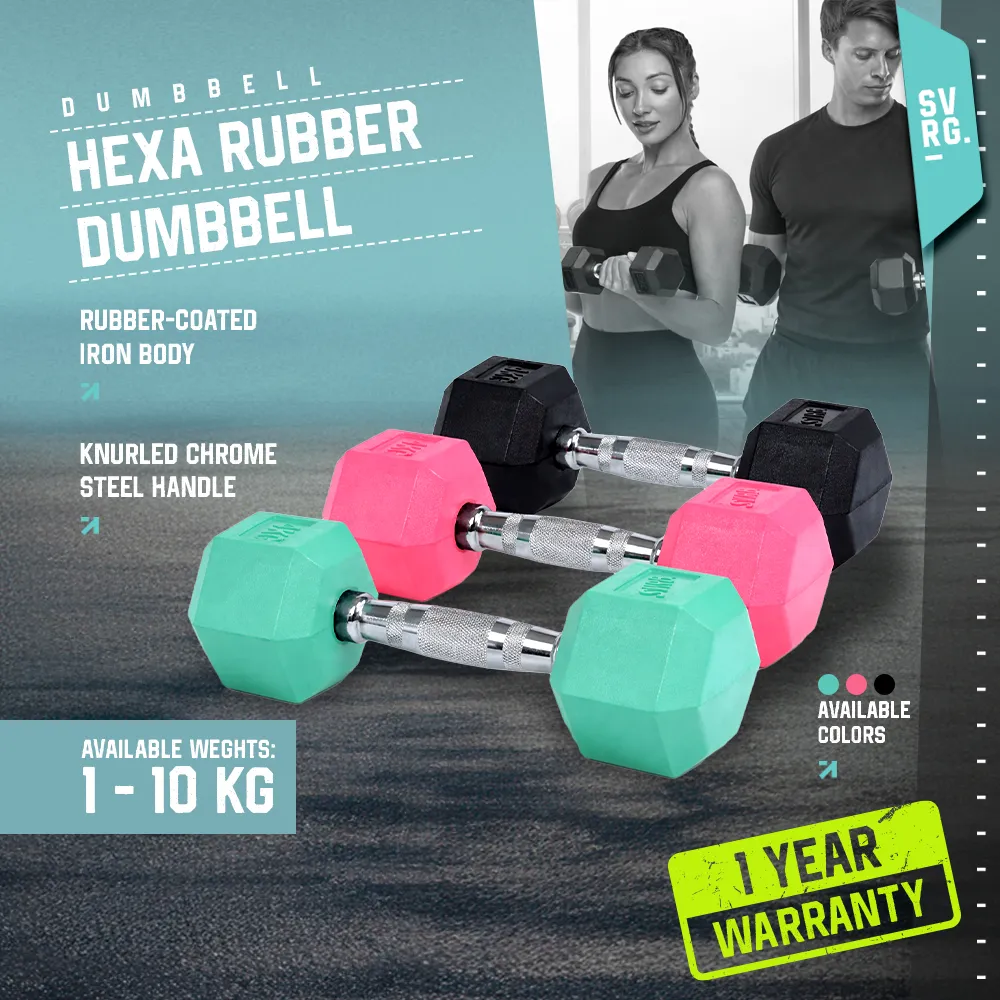 SVRG Hexagonal Dumbbell - 1Kg 2kg 2.5kg 3kg 4kg 5kg 6kg 7kg 7.5kg 8kg 9kg 10kg - Hexagon Rubber Dumbbell Barbell