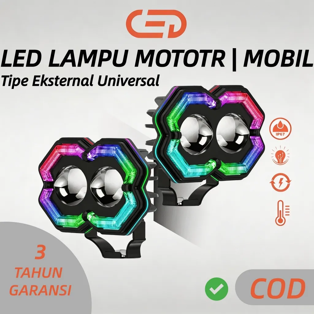 CED Lampu Tembak Sorot Led Depan Universal Eksternal Super Terang 35W Motor|Sepeda Listrik 2 mata-RGB 8 Warna,DRL Lampu Jauh-Dekat Putih-Kuning,IP67 Tahan air dan debu,dengan penyangga dan aksesori,Garansi 3 Tahun--SD-02