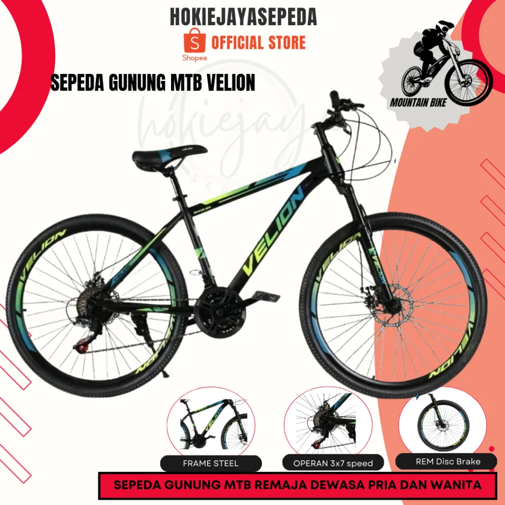Sepeda Gunung MTB VELION 27,5 - 26 - 24 - 20 inch - Fork Suspensi - Operan 3 x 7 SPEED  - Rem Disc Brake untuk Remaja - Dewasa ORI MURAH TERLARIS