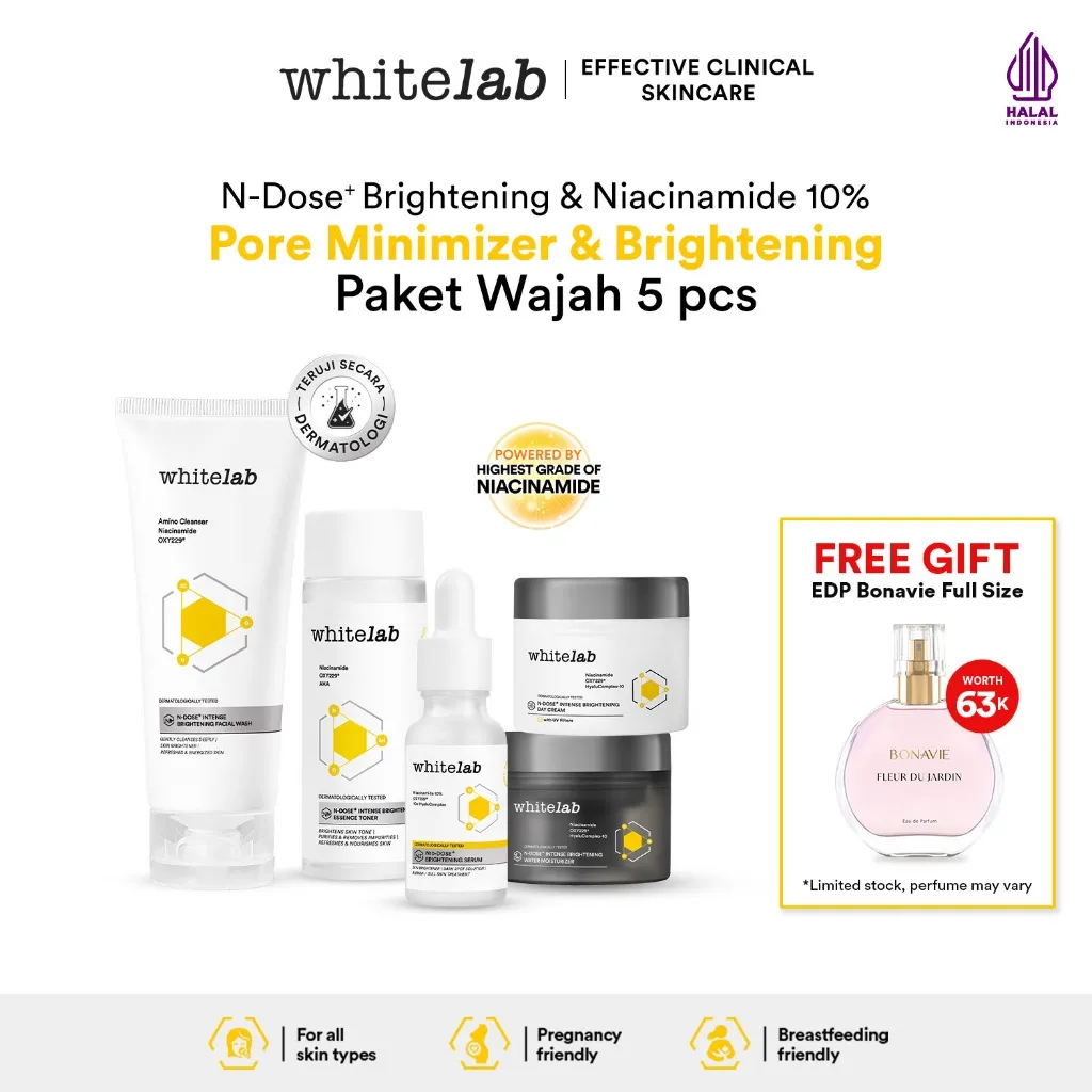 Whitelab Paket Wajah Brightening Niacinamide Facial Wash, Toner, Serum, Day & Night Moisturizer - 5 pcs N-Dose+ 2.0 Skincare