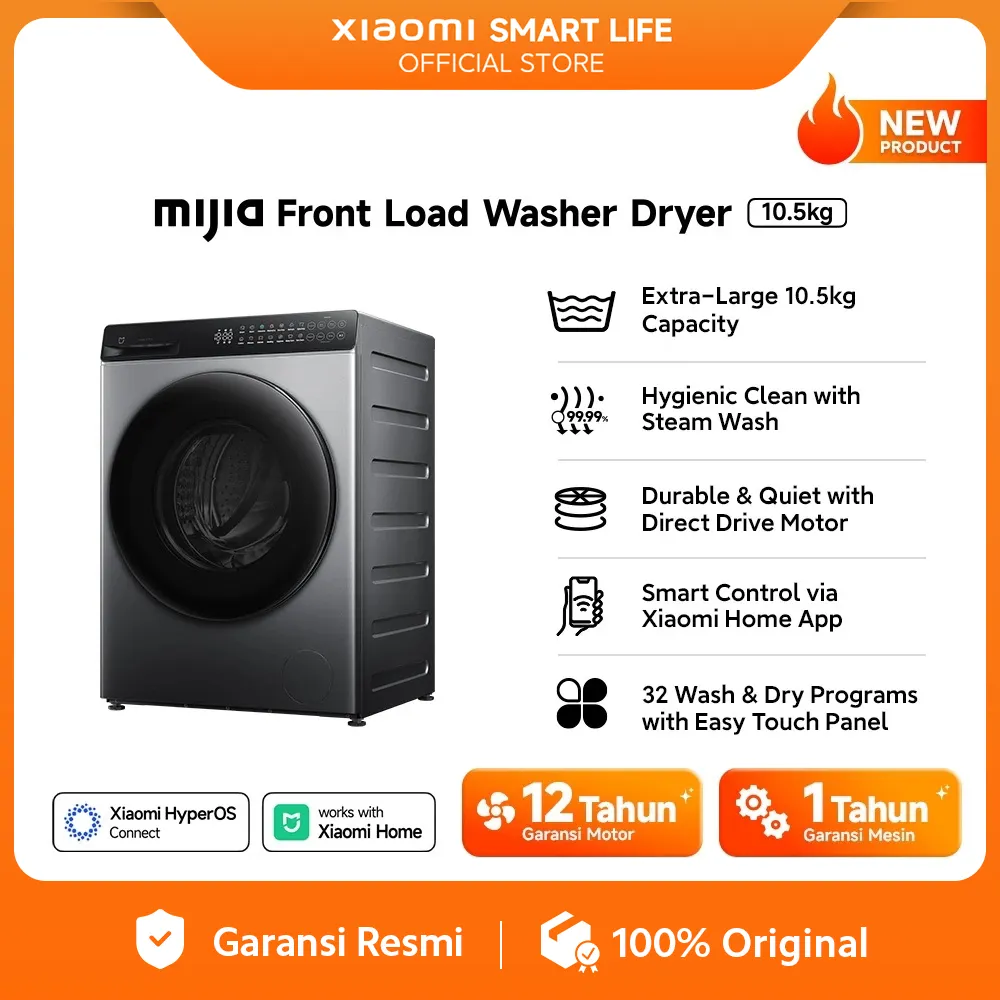 [Unit Only] Xiaomi Mijia Mesin Cuci Front Load Washer Dryer 10.5kg | Steam Wash | Direct Drive Motor | Smart Control | WD105MJA10ID [Official Store]
