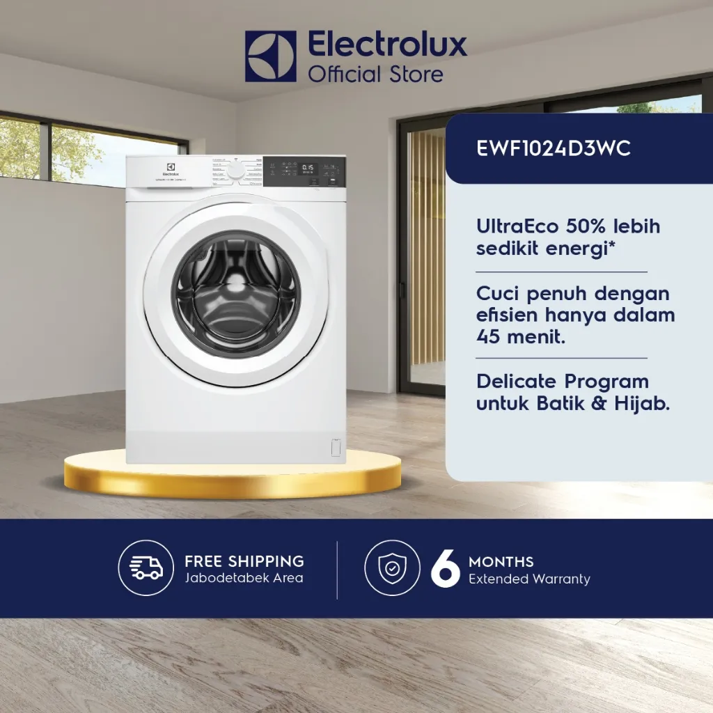 Electrolux Mesin Cuci Front Loading 10kg - Inverter - Full Kapasitas Cuci 45 Menit -  Low Watt 350W - Bedcover & Hijab - Garansi  10 Tahun Motor - EWF1024D3WC