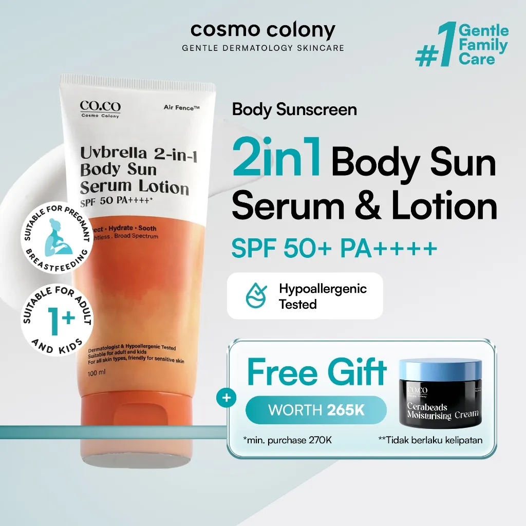 Cosmo Colony Gentle Dermatology Family Care Uvbrella 2in1 Body Sun Serum Lotion SPF50 PA++++ Daily Sunscreen Serum Perlindungan UVA UVB Body Lotion Sunblock Ringan Mencerahkan