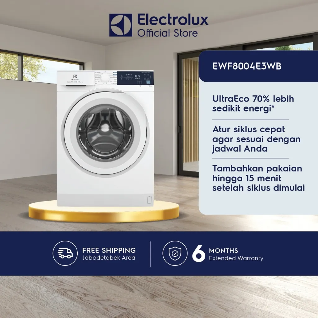 Electrolux Mesin Cuci Front Loading 8kg - 1000rpm - Low Watt - QuickCycle - AddClothes - Bedcover - Warna Putih - Garansi 10 Tahun Motor - EWF8004E3WB