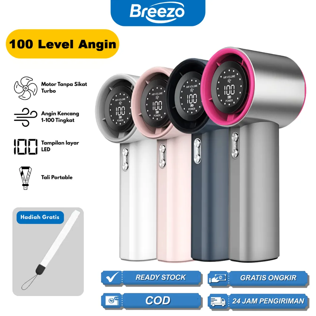 Breezo High Speed Portable Fan Kipas Angin Portable Mini Digital Genggam dengan 100 Level Kecepatan Turbo Wind Power Smart LED Display Desain Elegan dan Baterai Besar S001