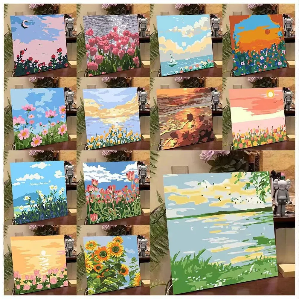 1SET PAINT BY NUMBER  MELUKIS SESUAI DENGAN URUTAN ANGKA GAMBAR PEMANDANGAN INDAH FREE CAT DAN KUAS LUKIS