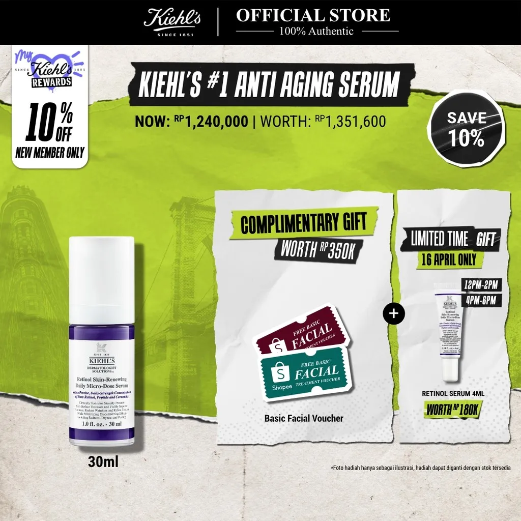 Kiehl's Retinol Skin-Renewing Daily Micro-Dose Serum 30ml. Anti-Aging Mengandung Retinol, Ceramide, Peptide