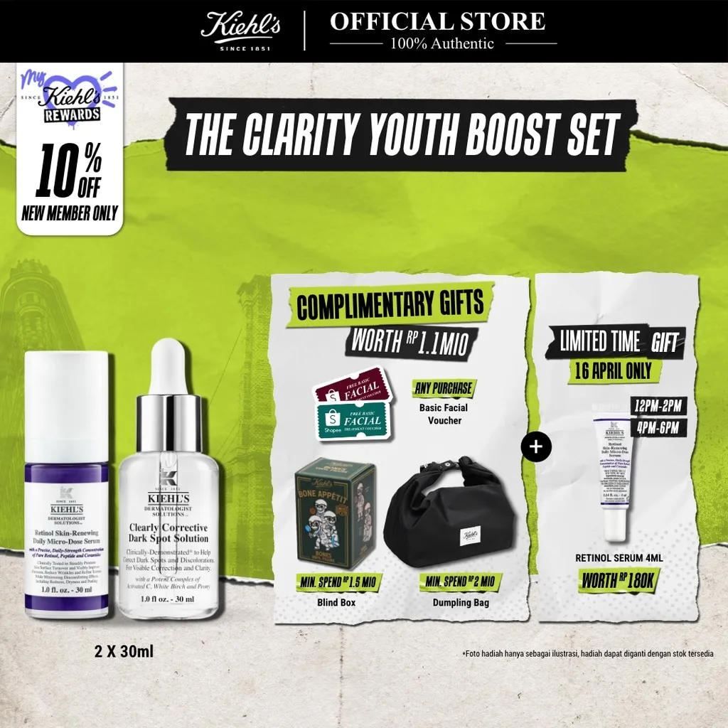 Kiehl's C+A SET, Penyamar Noda Hitam & Meratakan Warna Kulit Mengandung Activated C, White Birch & Peony Extract & Retinol Mengandung Ceramide, Peptide
