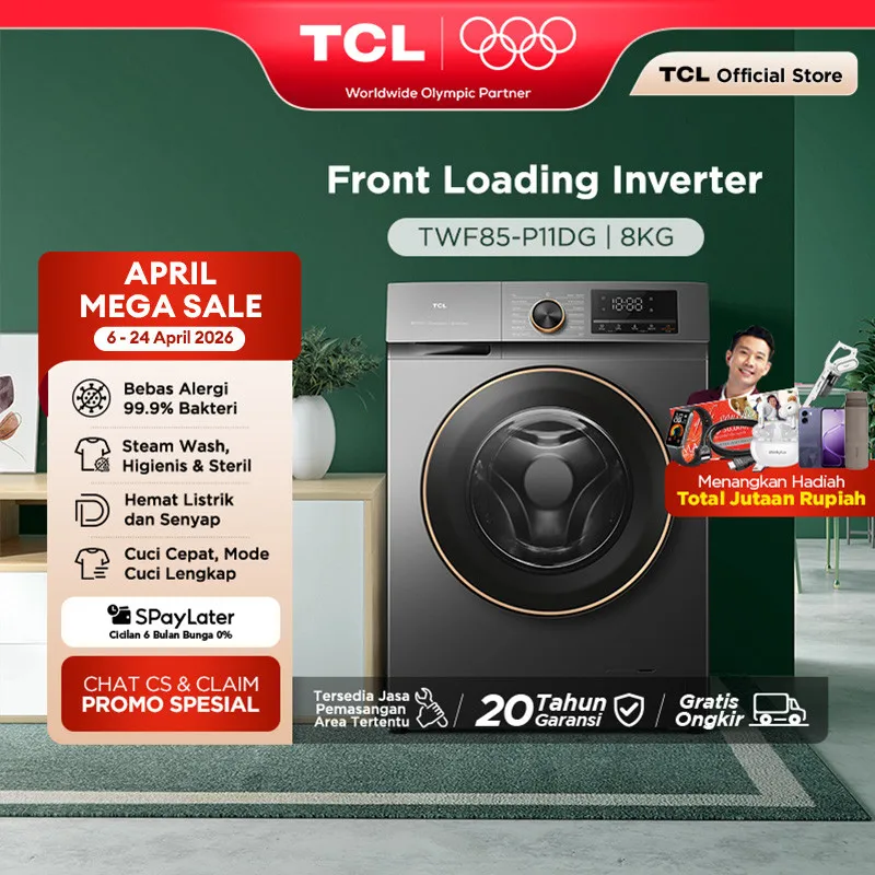 TCL Mesin Cuci Front Loading Inverter P11 8 KG - EBS Steam Wash - Quick Wash 15' - Smart DD Inverter Motor - Magic Flow - Bukaan Depan (Model: TWF85-P11DG)