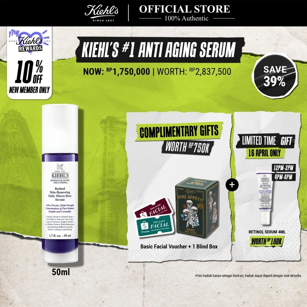 Kiehl's Retinol Anti-Aging Skin-Renewing Daily Micro-Dose Serum 50ml. Mengandung Retinol, Ceramide, Peptide