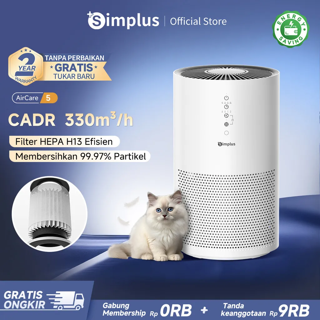 Simplus Air Purifier Penyaringan HEPA H13 Efisien  Tingkat Pemurnian Super Senyap 35dB Mode Pintar Otomatis