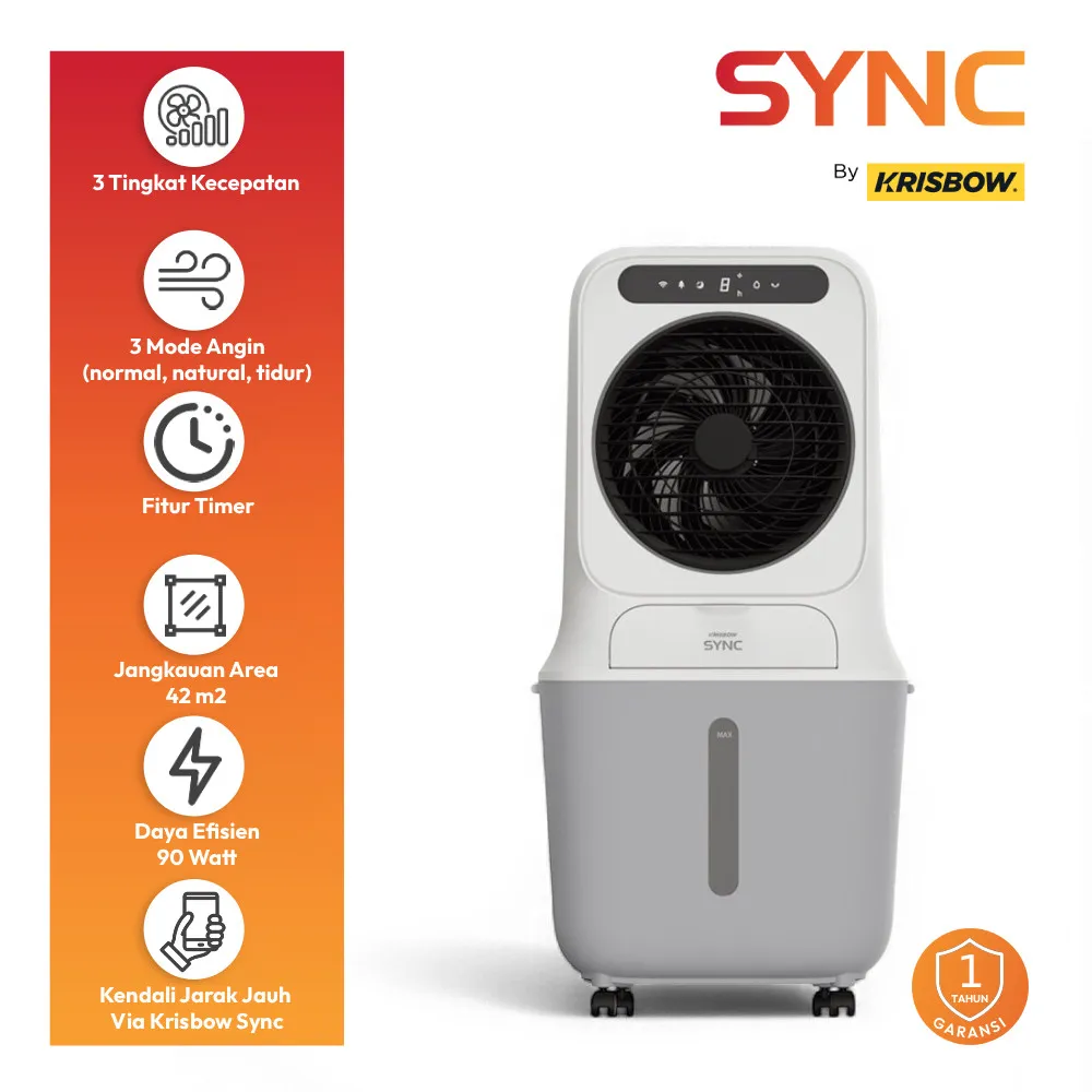 Krisbow Sync 25 ltr Smart Air Cooler - Putih/Abu-Abu Kipas Angin Pendingin Ruangan Tanpa Freon Penyejuk Kamar Led Wifi Drying Cooling