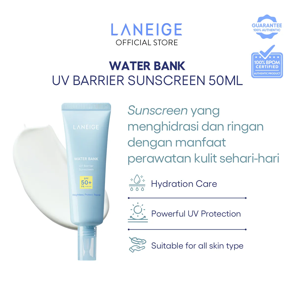 LANEIGE Water Bank UV Barrier Sunscreen 50 mL - Sunscreen Wajah, Sunblock, Pelembap SPF, Sun Protection Cream