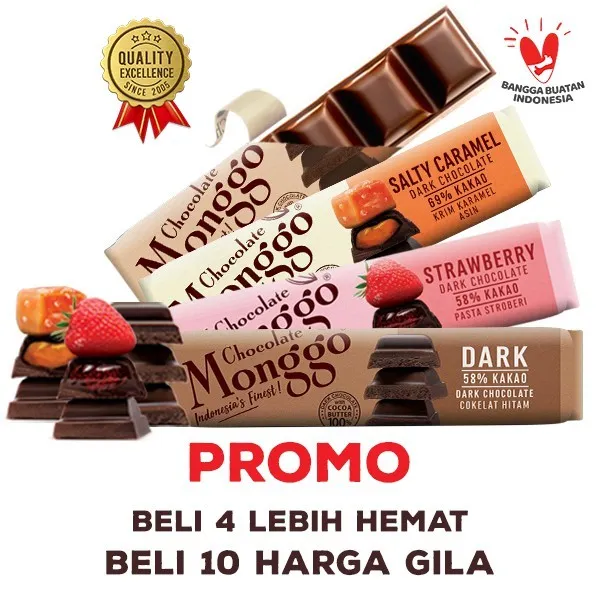 Chocolate Monggo Bar 40g | 13 Variants |  Coklat Murni 100% Cocoa Butter | Dark Cokelat Snack Sehat