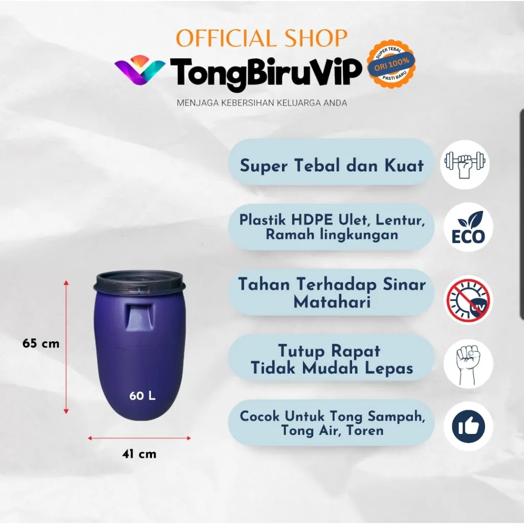 60L Tempat Sampah Biru/ Tong Air Biru SUPER TEBAL & KUAT 60L (termasuk Tutup)