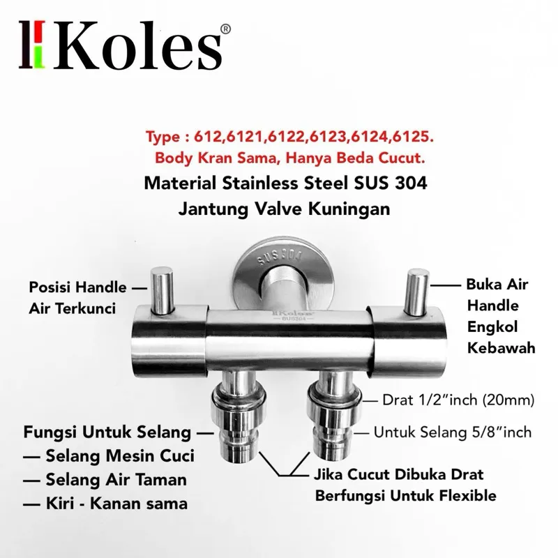 KOLES 6125 Kran Cabang Keran Mesin Cuci Double Stainless Steel SUS 304