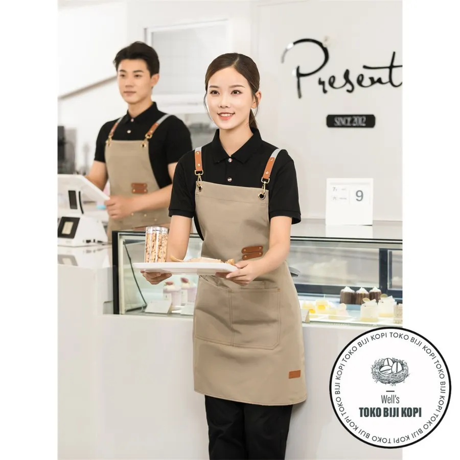Celemek Barista Apron Dapur Anti Air Bahan Kanvas dengan Kantong SP01