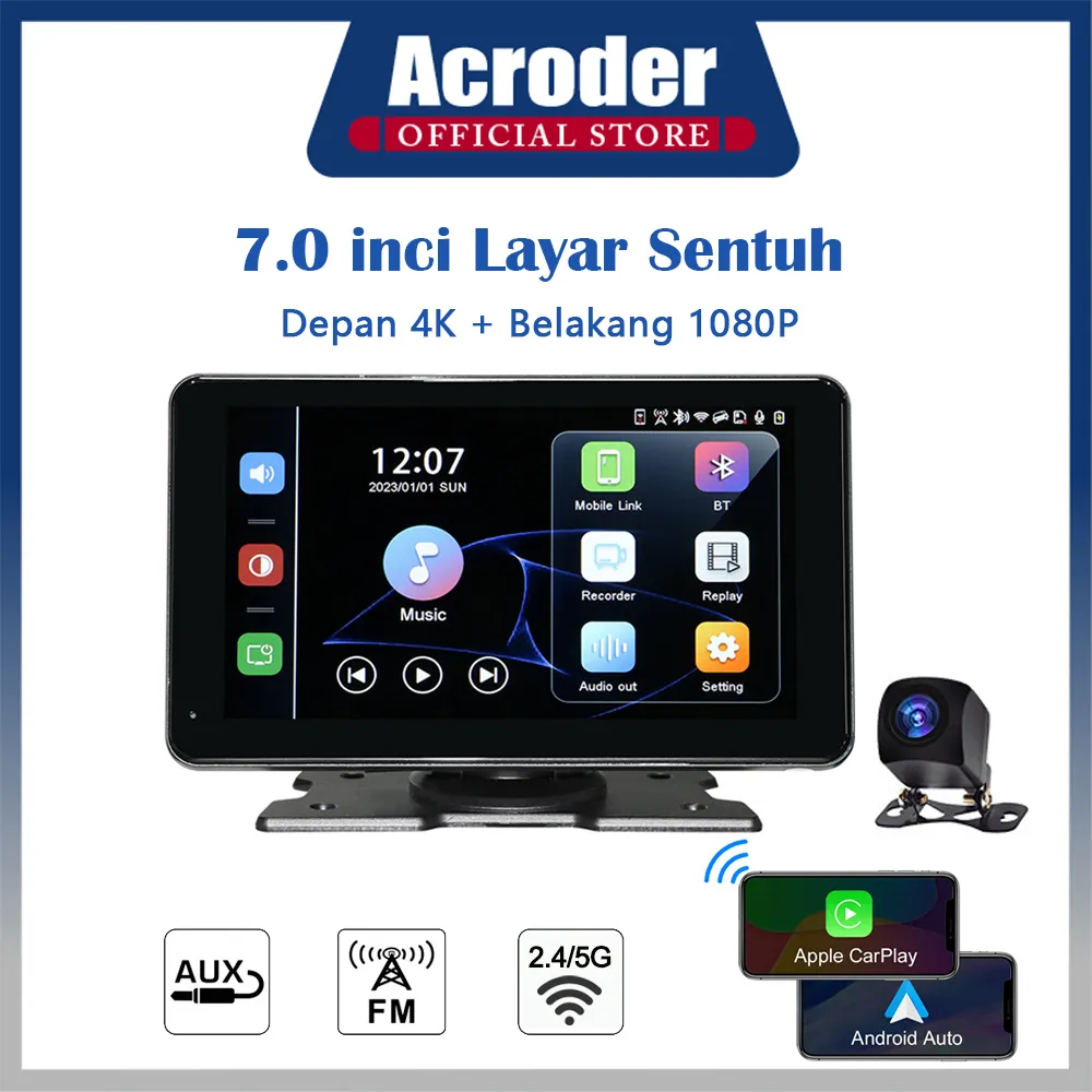 Acroder Carplay 10 inch Layar Sentuh Depan 4K + Belakang 1080p Lensa Ganda Perekaman Loop Deteksi Gerakan