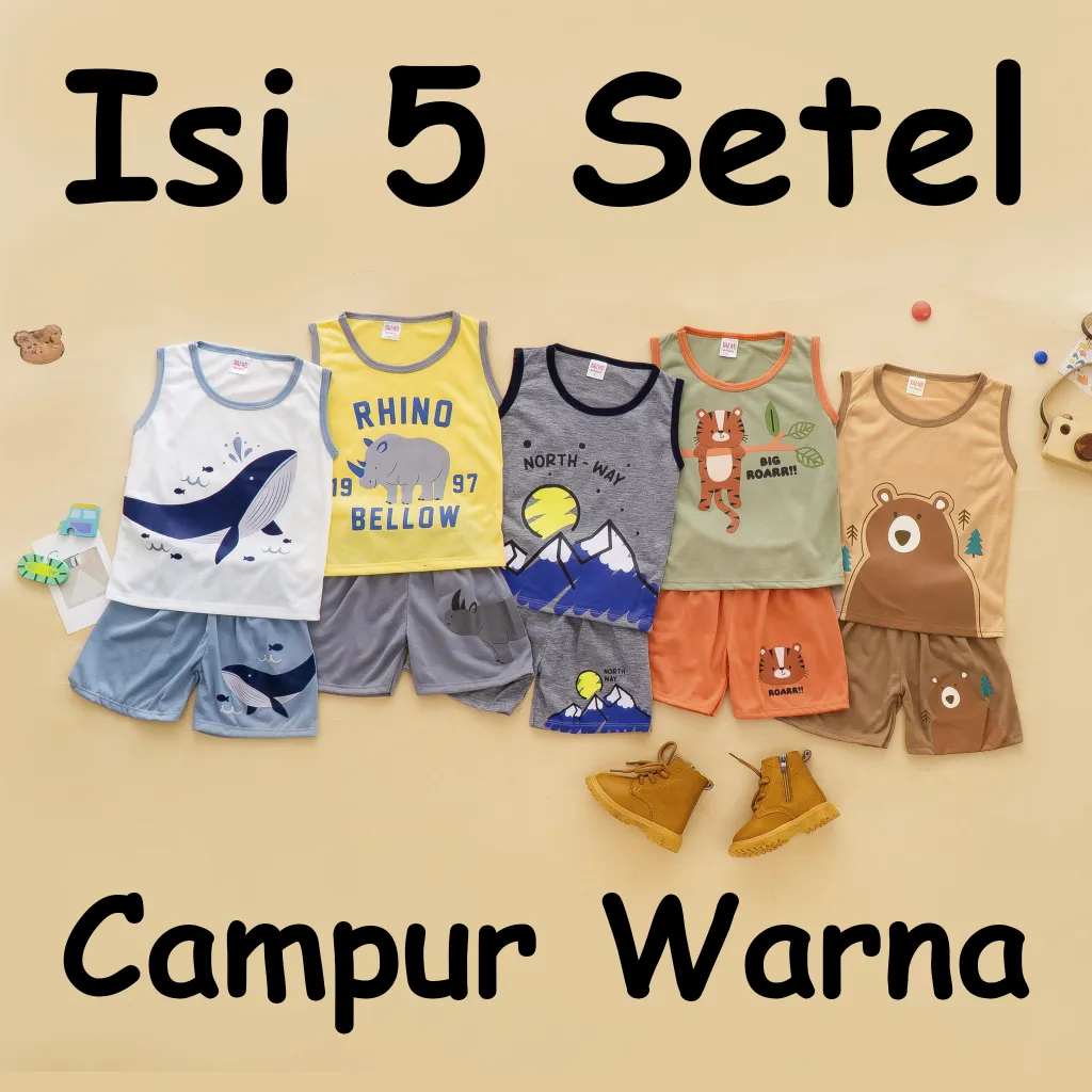 (ISI 5 SETEL) Singlet Anak & Bayi Laki Laki / Setelan Singlet Anak Laki Laki/ Baju Anak Anak/ Pakaian Anak Bayi/ Baju Bayi/ Setelan Lekbong 0 - 4 Tahun Xiao Wei Baby & Kids Wear