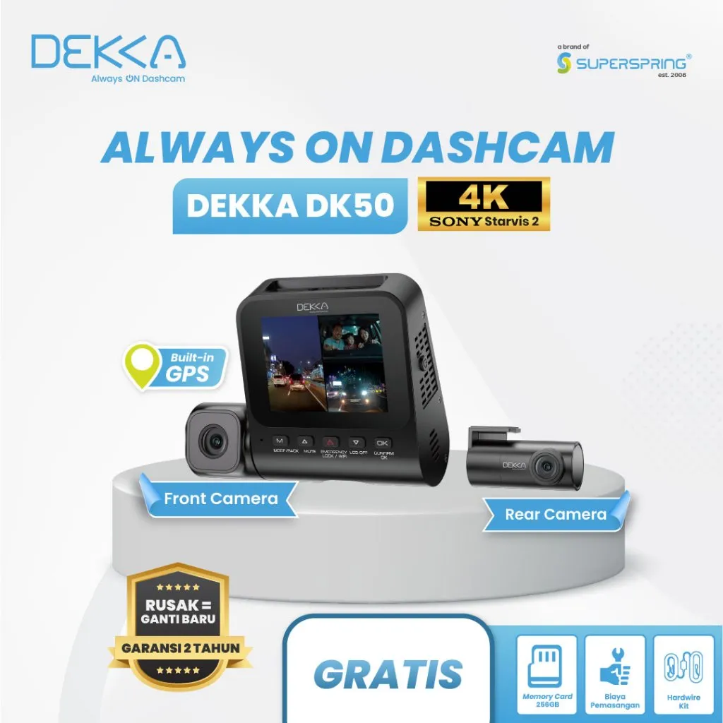 DEKKA Dashcam Mobil 4K GPS Dual dan Triple Kamera WiFi Night Vision Always On Gratis Pemasangan