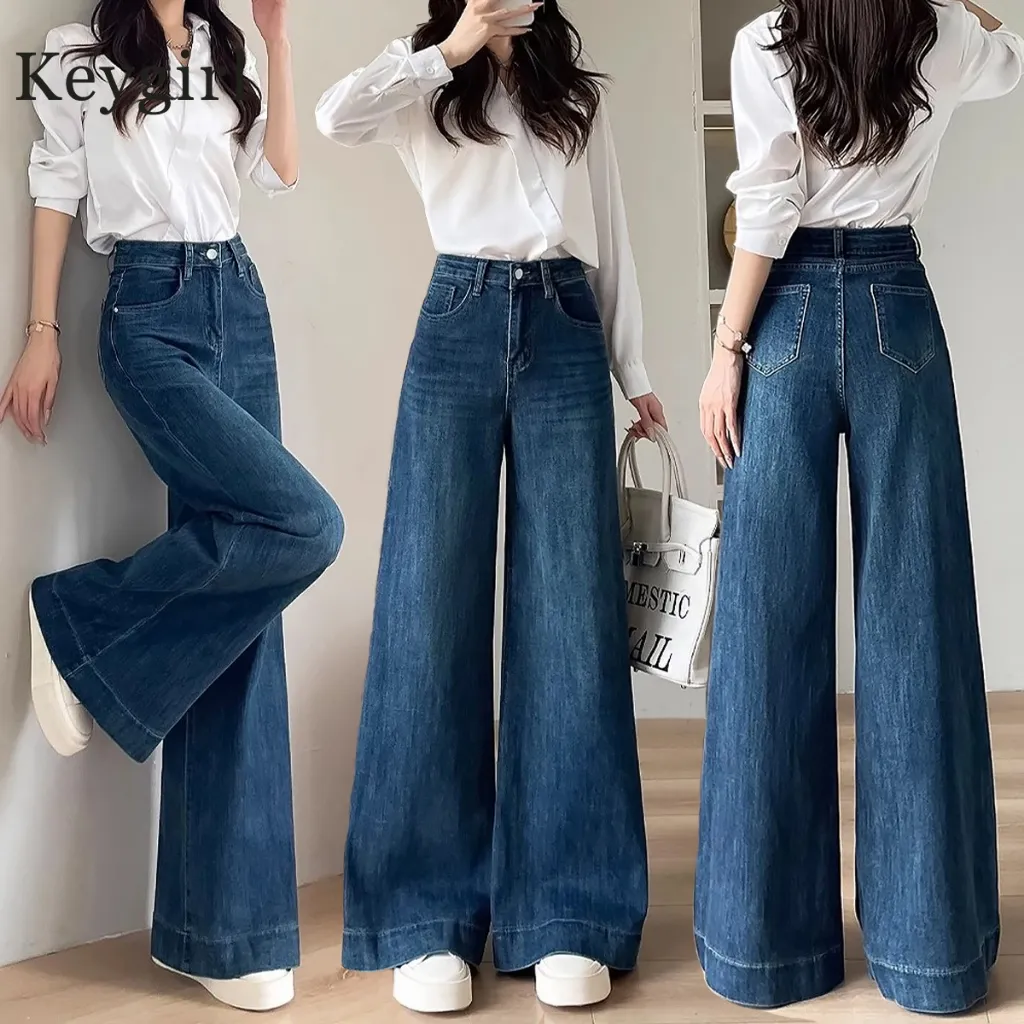 [Keygirl] Celana Jeans Wanita Baggy Oversize Loose High Waist Wide Leg Korean Look Kekinian biru retro