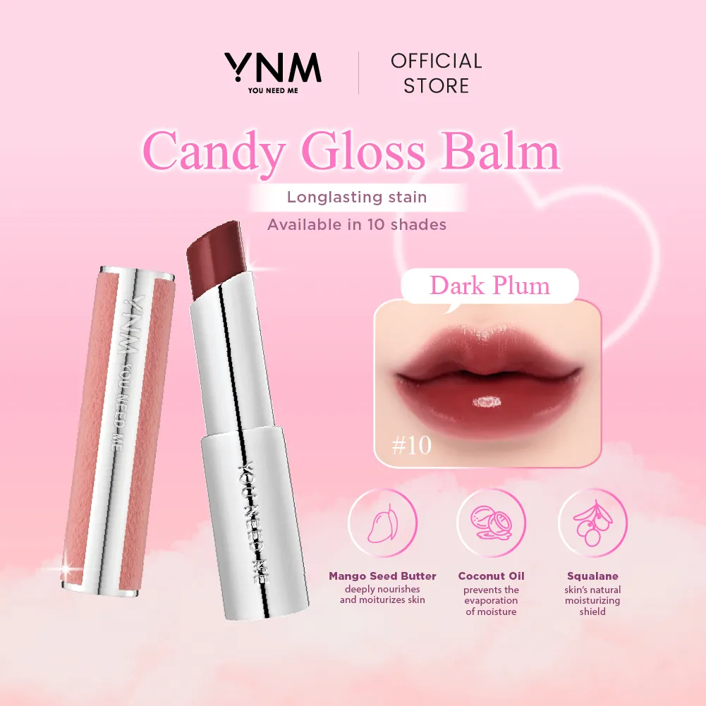 YNM Candy Gloss Balm – 10 Dark Plum | Glossy Plum Lip Balm Korea | Melembabkan | Untuk Look Bold (ED September 2026)