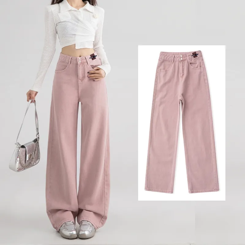 Keygirl Kulot Highwaist Jeans pink ukuran jumbo/loose pants premium straight pants denim wanita