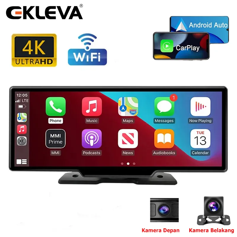 EKLEVA Dashcam Mobil Dual Kamera 4K UHD 10.26 Inci Layar Sentuh DVR Mobil WIFI Bluetooth Support Carplay & Android Auto