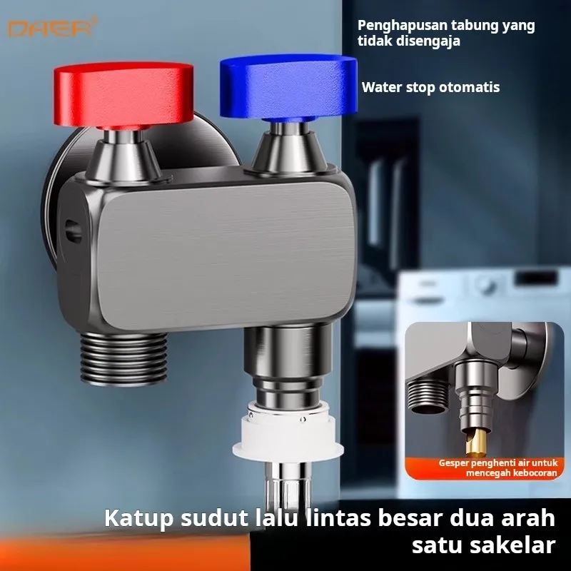 Katup Bola Aliran Besar 1 Masuk 2 Keluar, Keran Sudut Debit Tinggi 1/2 Inch, Ukuran Mini dengan Pencegah Kebocoran untuk Keran Mesin Cuci