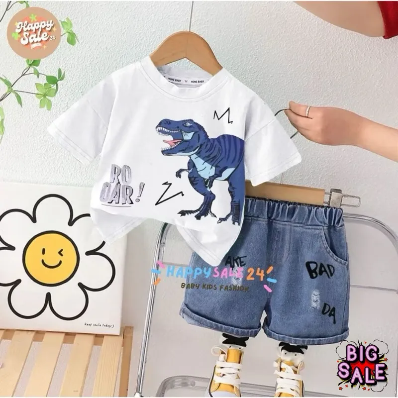 Setelan Jeans Anak Laki-laki Umur 1-5 Tahun Kaos Dinosaurus Anak Baju Anak Cowok Murah Outfit anak laki kekinian